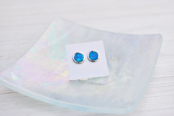 Round Blue Opal Earrings